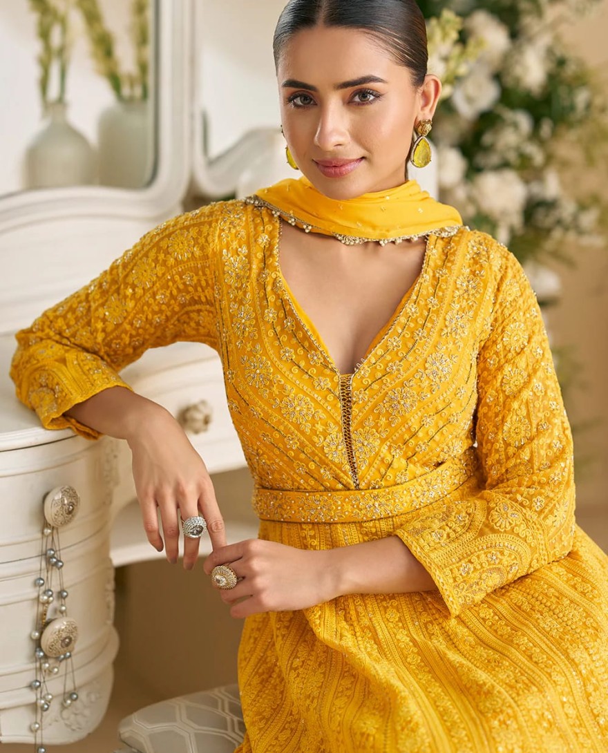 YELLOW - Yellow Chikankari Embroidered Wedding Festive Anarkali Gown